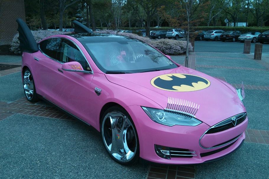 Personalized Tesla cars with Batman theme car in pink.JPG